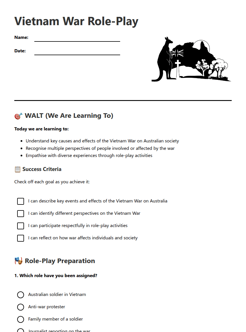 Vietnam War Role-Play worksheet preview