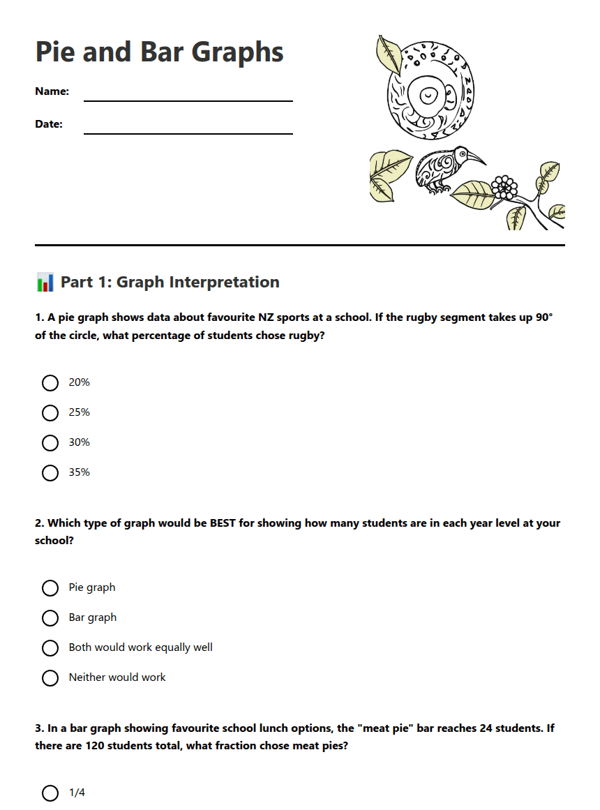 Pie and Bar Graphs worksheet preview
