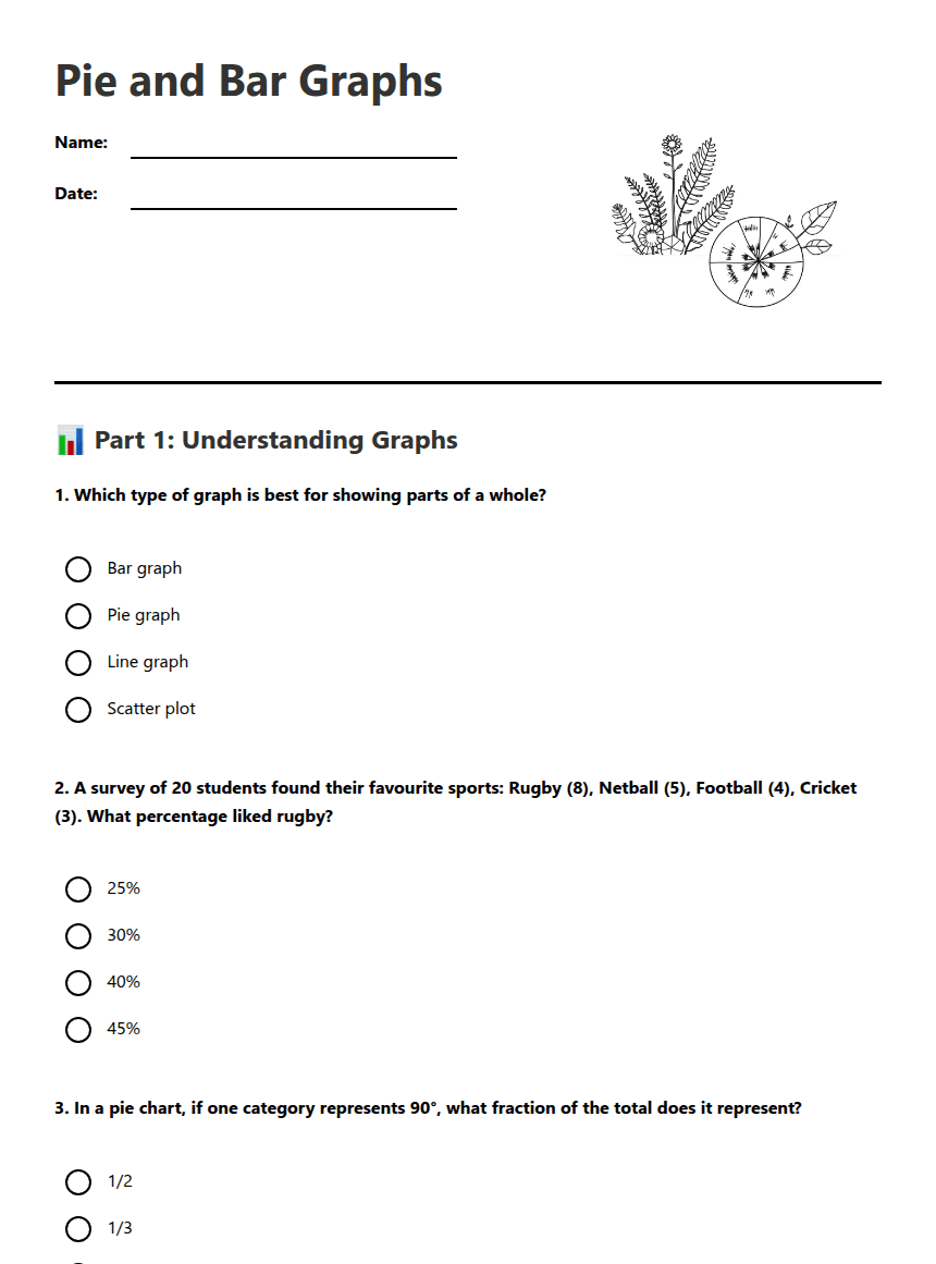 Pie and Bar Graphs worksheet preview