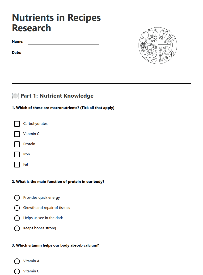 Nutrients in Recipes Research worksheet preview