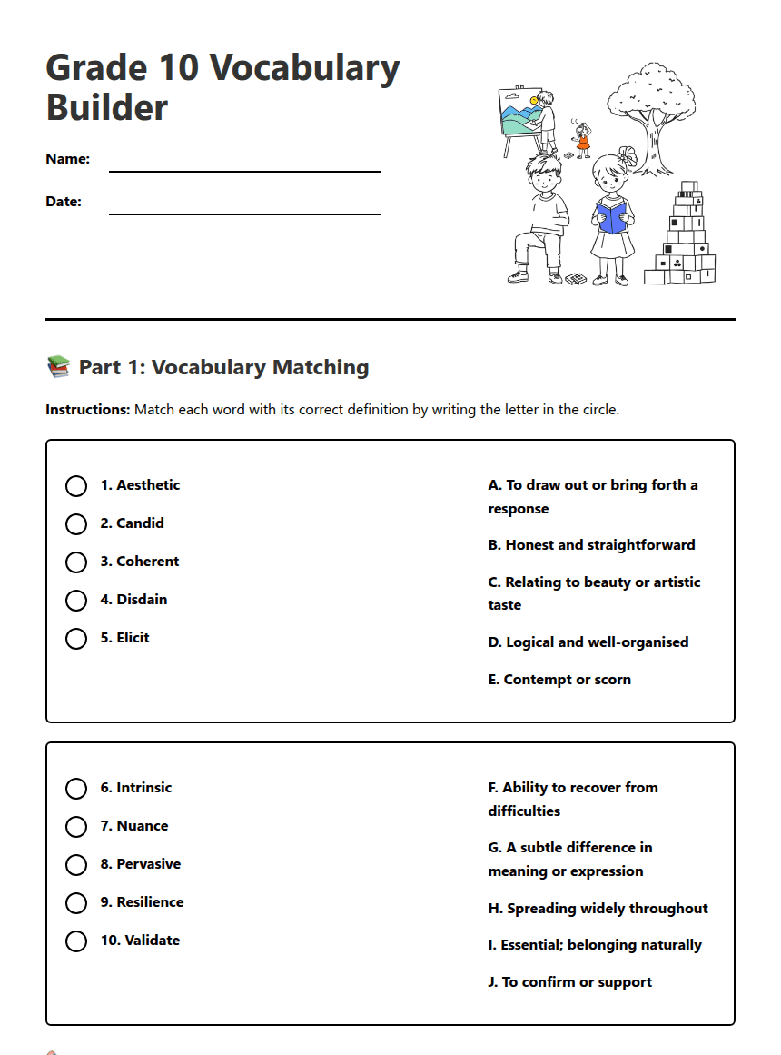 Grade 10 Vocabulary Builder worksheet preview