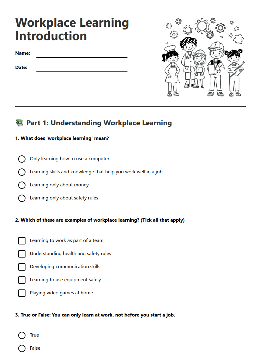 Workplace Learning Introduction worksheet preview