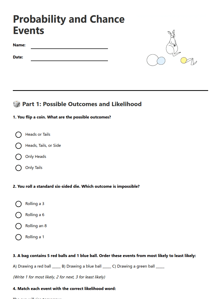Probability and Chance Events worksheet preview