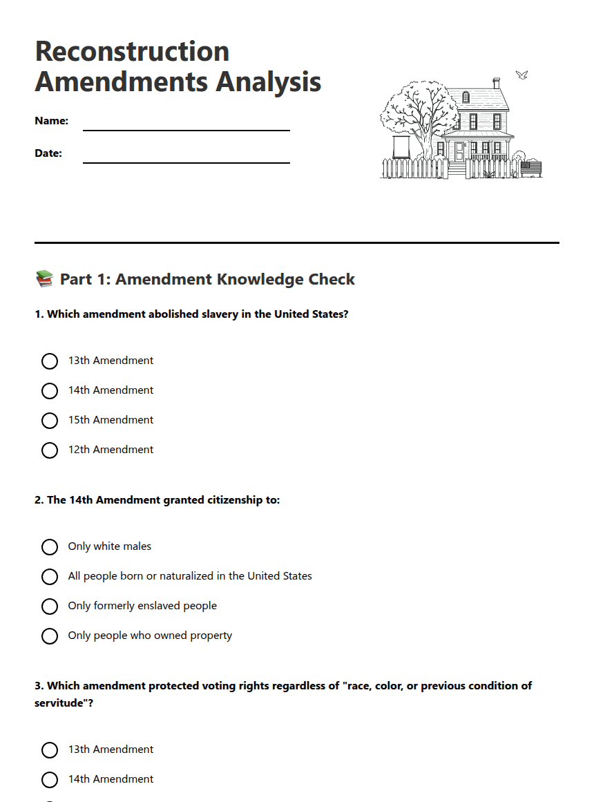 Reconstruction Amendments Analysis worksheet preview