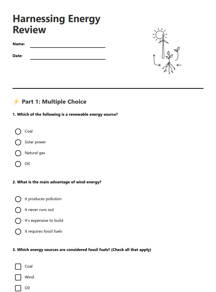 Harnessing Energy Review worksheet preview