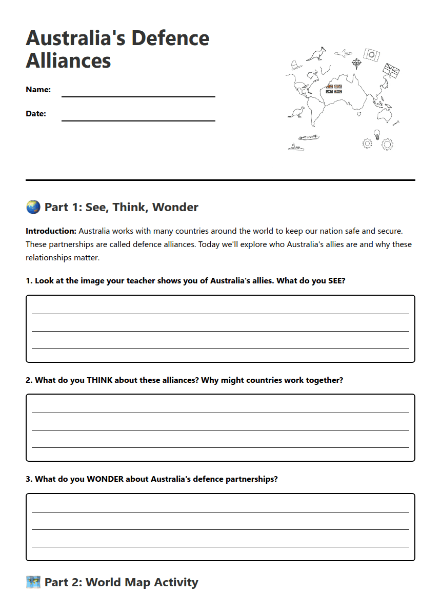Australia's Defence Alliances worksheet preview