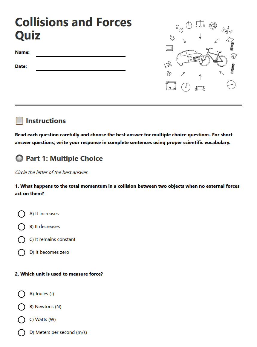 Collisions and Forces Quiz worksheet preview