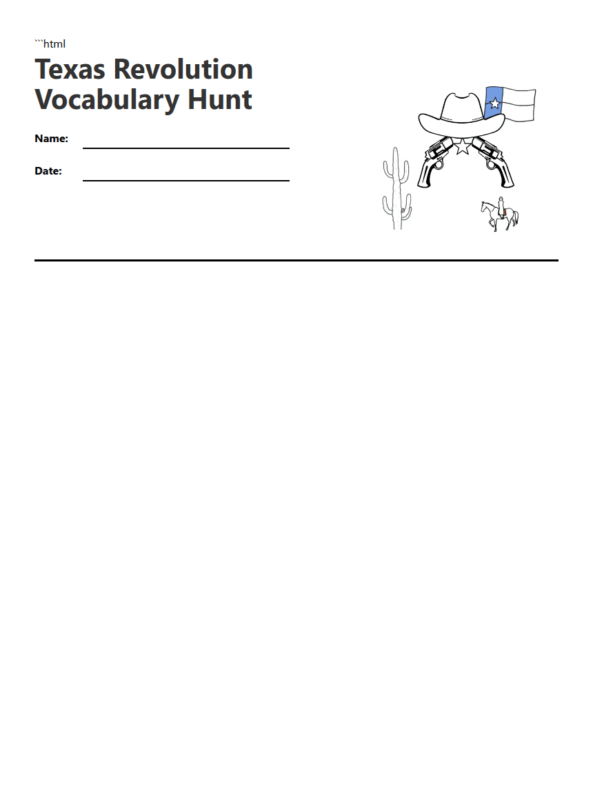 Texas Revolution Vocabulary Hunt worksheet preview