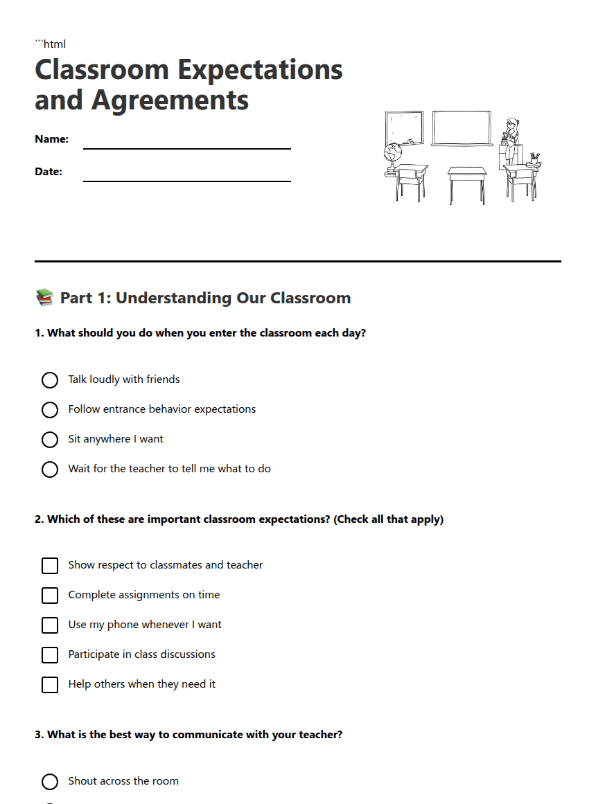 Classroom Expectations and Agreements worksheet preview