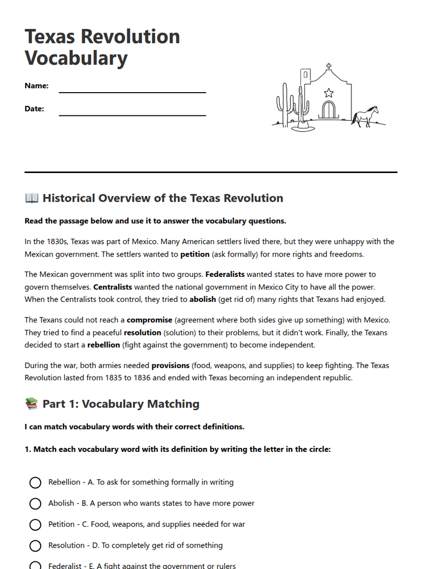 Texas Revolution Vocabulary