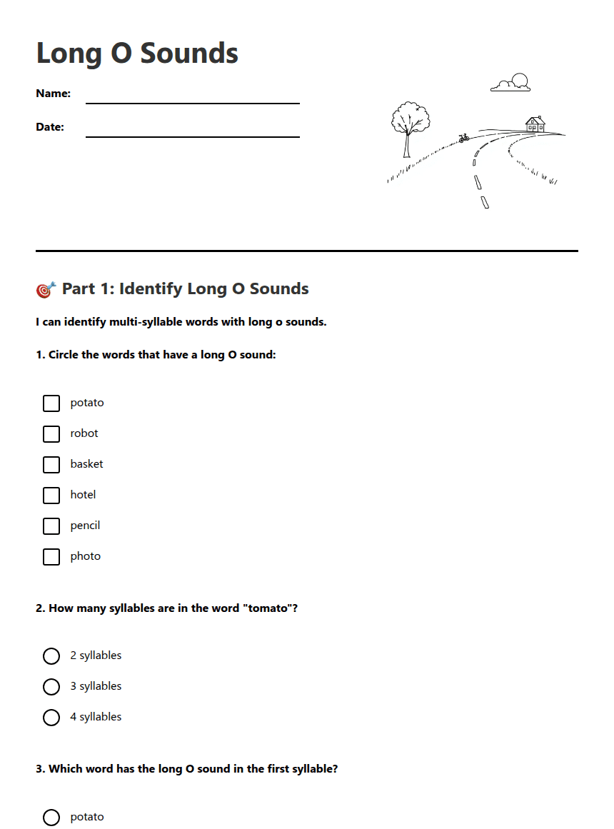 Long O Sounds worksheet preview