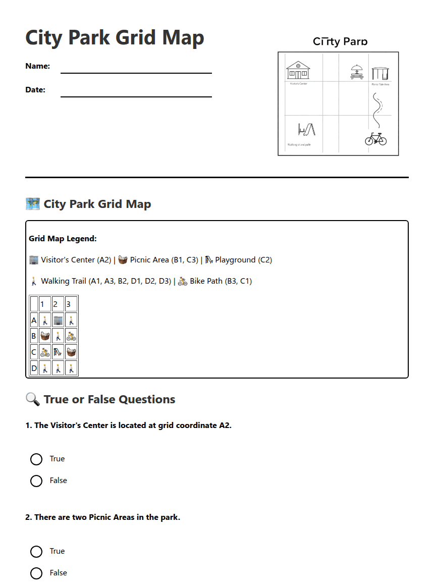 City Park Grid Map worksheet preview