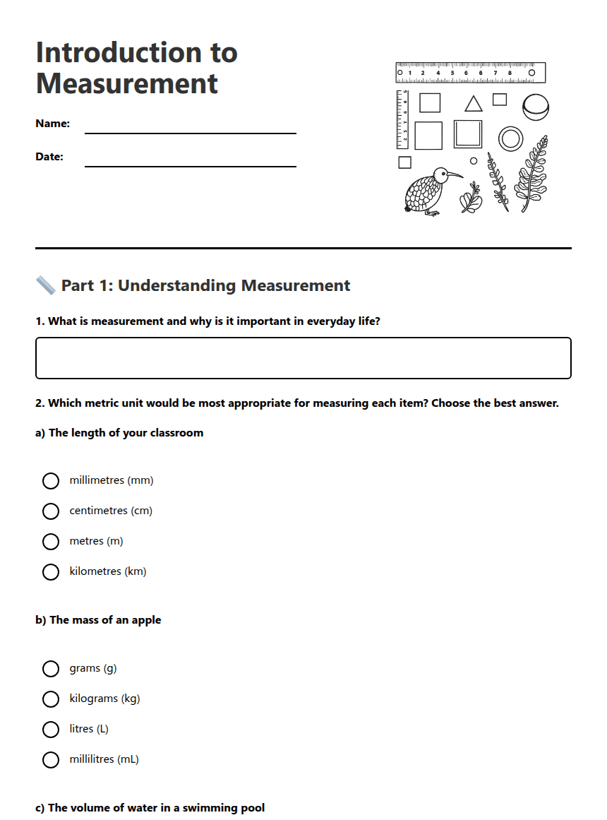 Introduction to Measurement worksheet preview