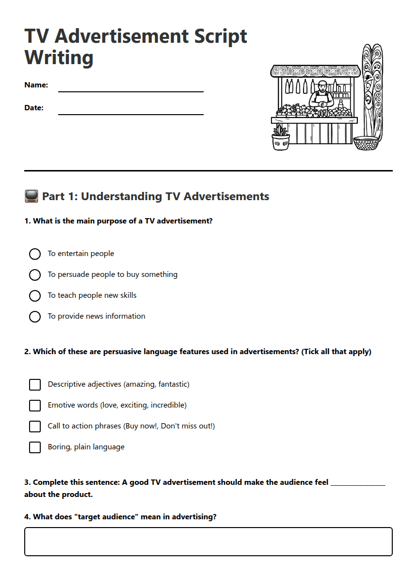 TV Advertisement Script Writing worksheet preview