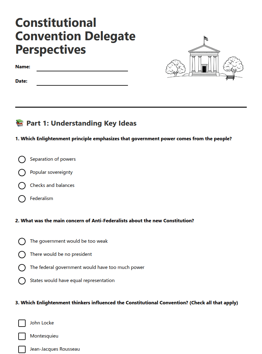 Constitutional Convention Delegate Perspectives worksheet preview