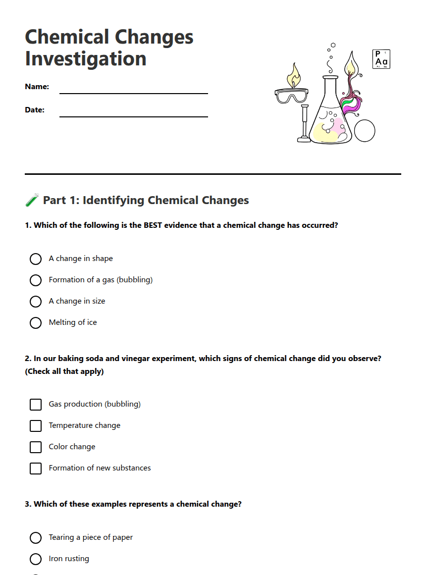 Chemical Changes Investigation worksheet preview