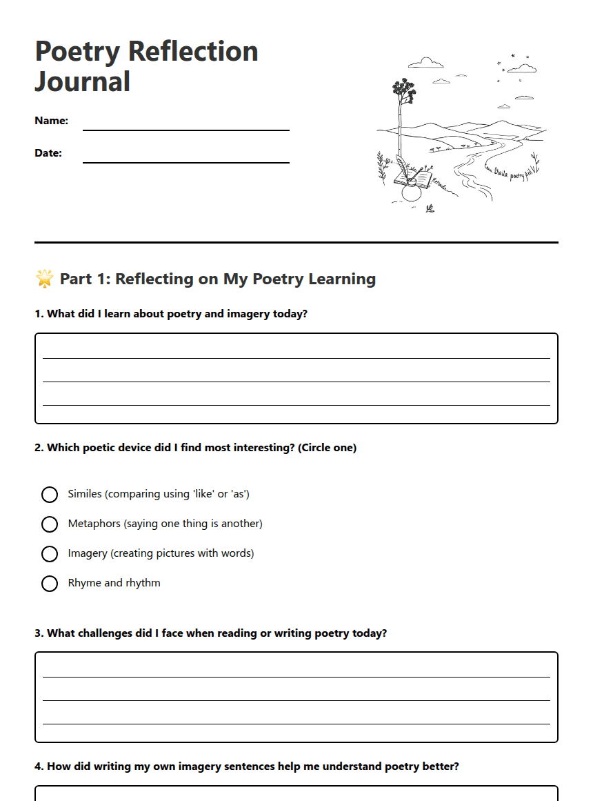 Poetry Reflection Journal worksheet preview