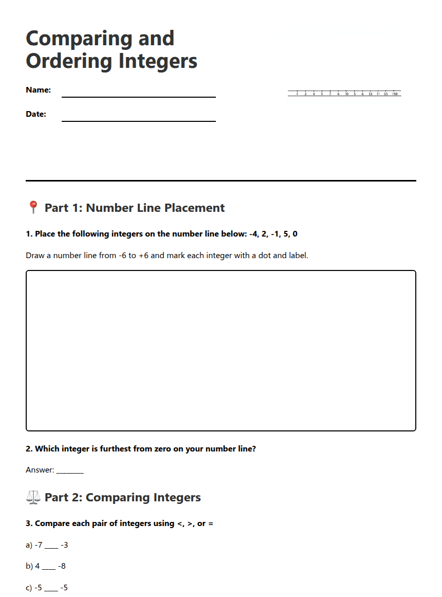 Comparing and Ordering Integers worksheet preview