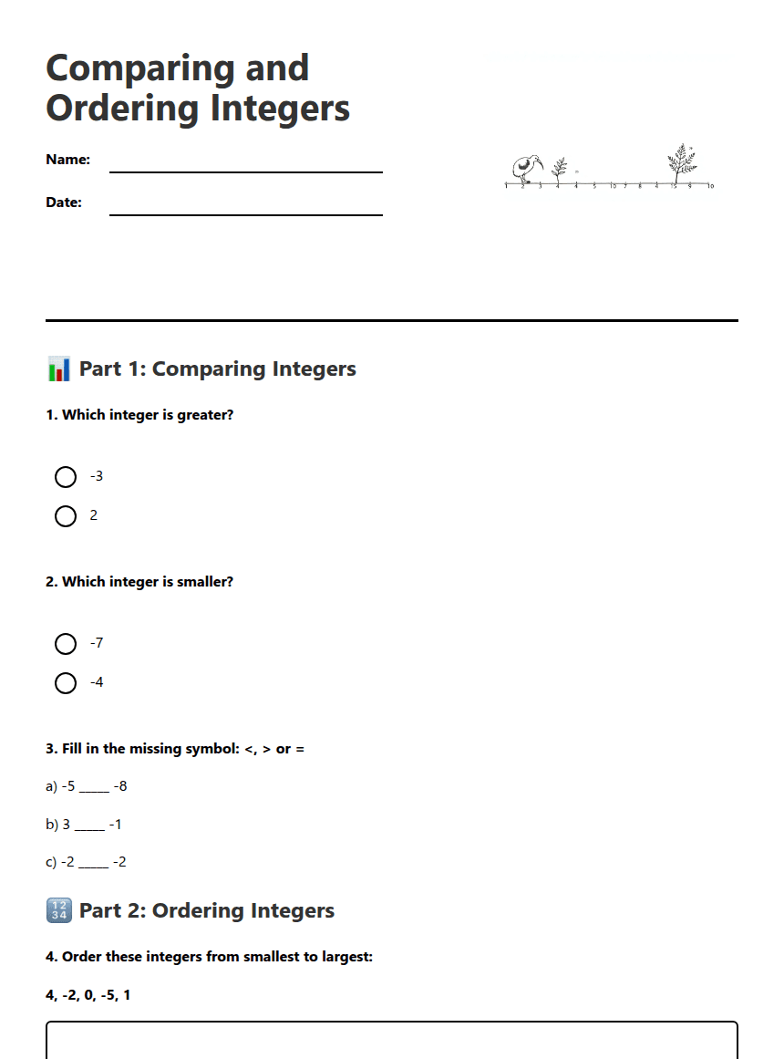 Comparing and Ordering Integers worksheet preview