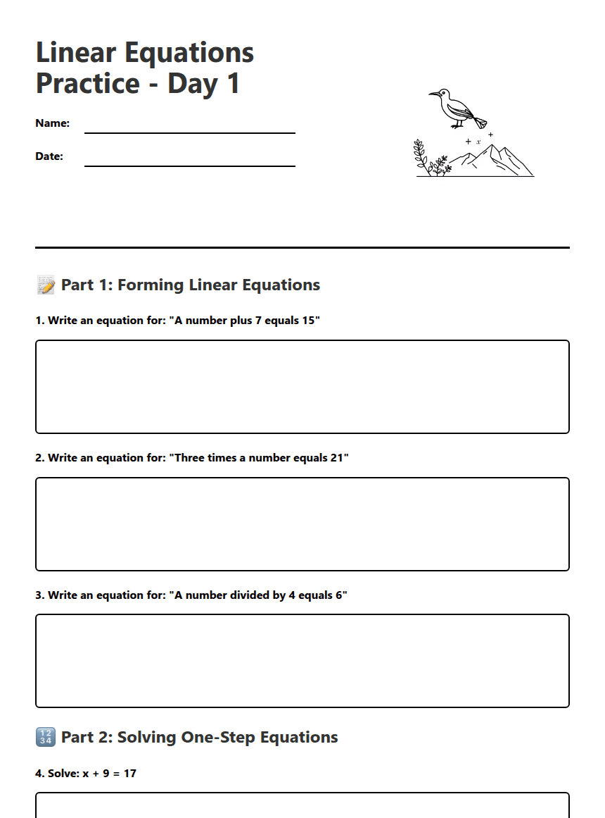 Linear Equations Practice worksheet preview