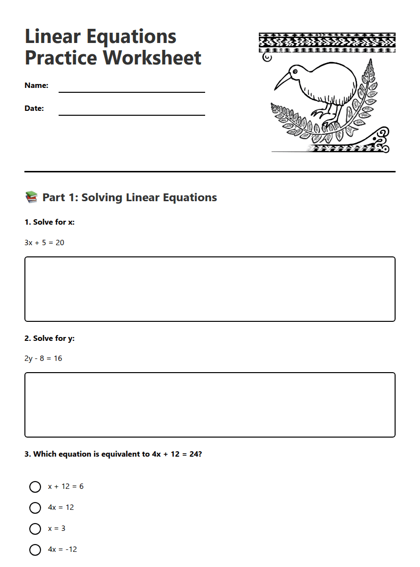 Linear Equations Practice Worksheet worksheet preview