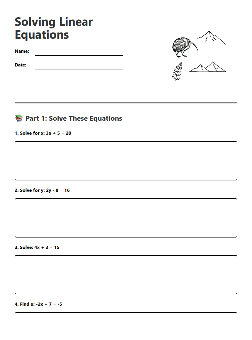 Solving Linear Equations worksheet preview