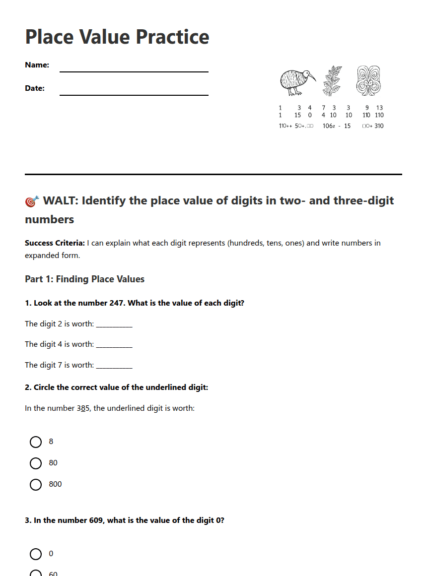 Place Value Practice worksheet preview
