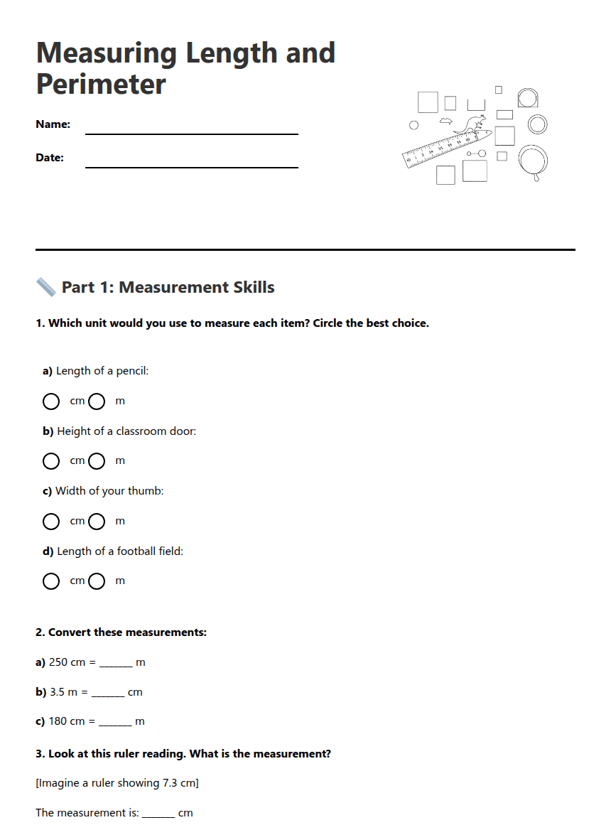 Measuring Length and Perimeter worksheet preview