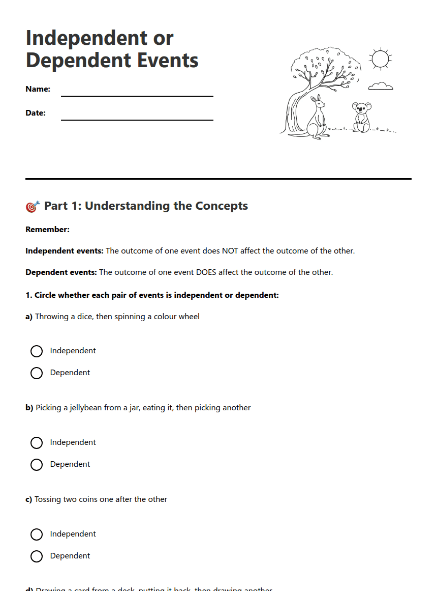Independent or Dependent Events worksheet preview
