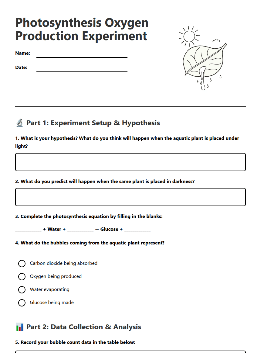 Photosynthesis Oxygen Production Experiment worksheet preview
