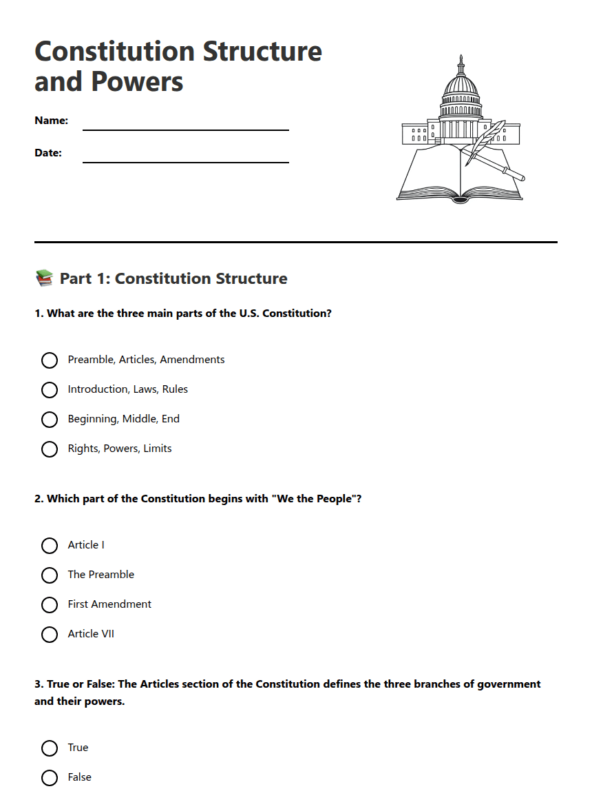 Constitution Structure and Powers worksheet preview