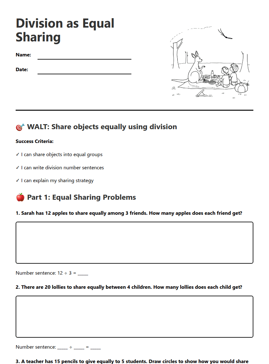 Division as Equal Sharing worksheet preview