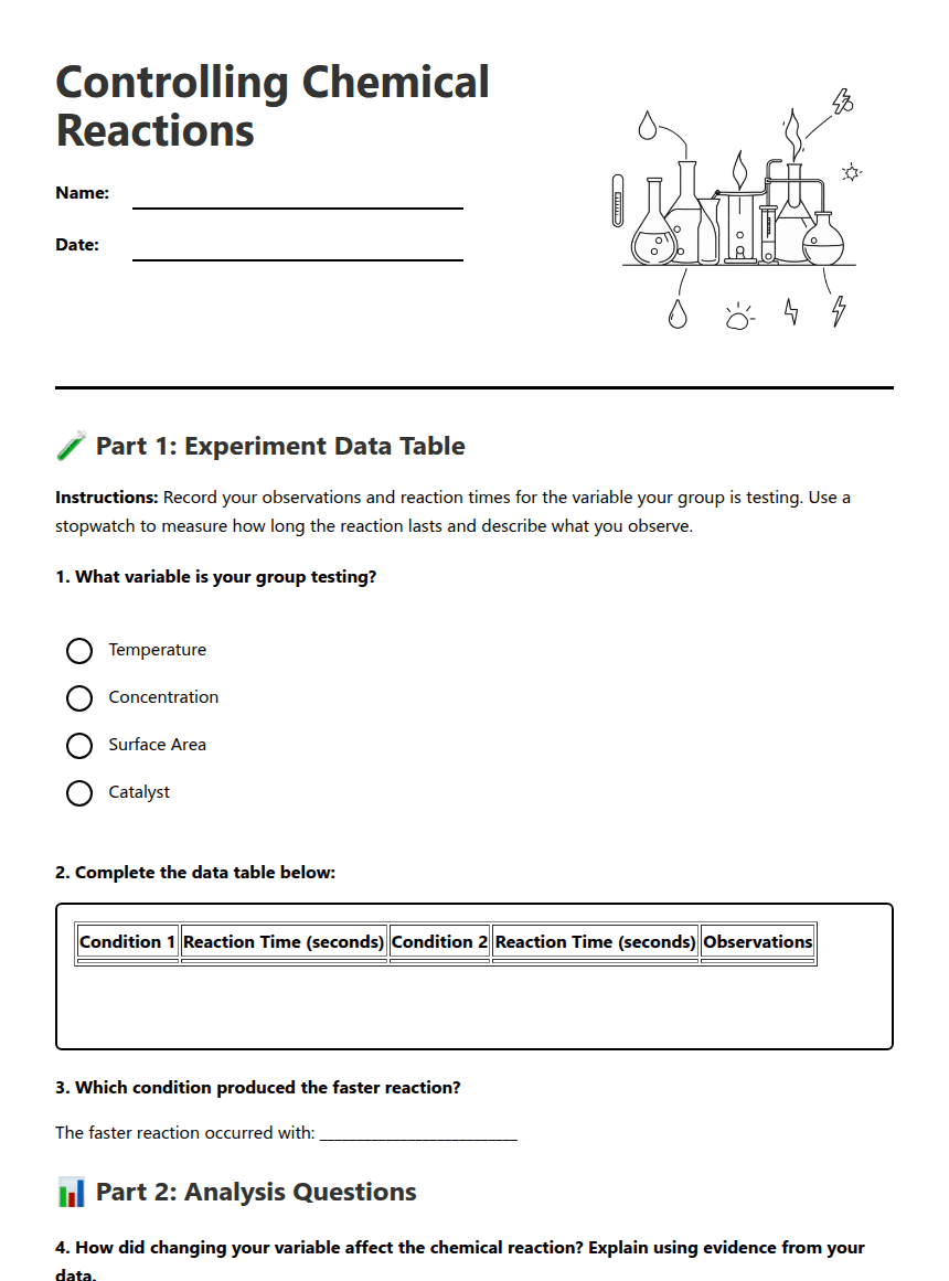 Controlling Chemical Reactions worksheet preview