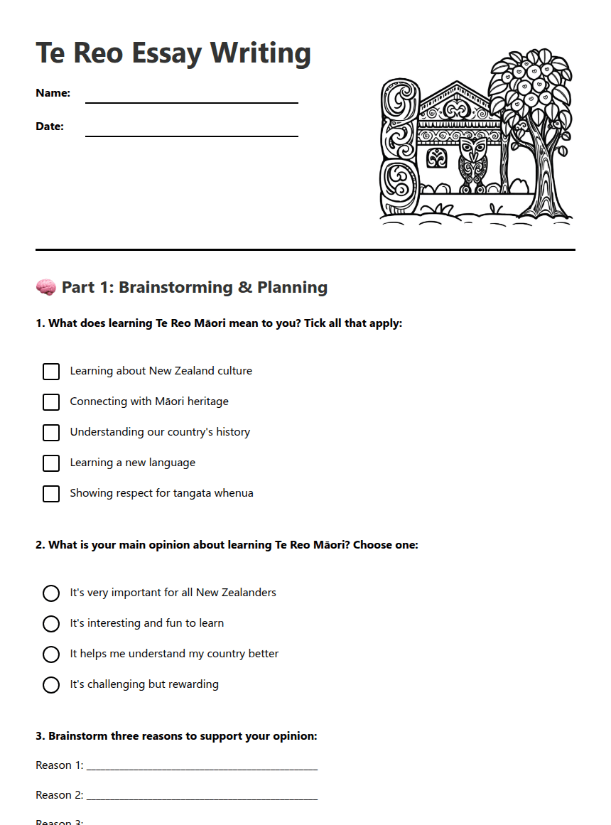 Te Reo Essay Writing worksheet preview