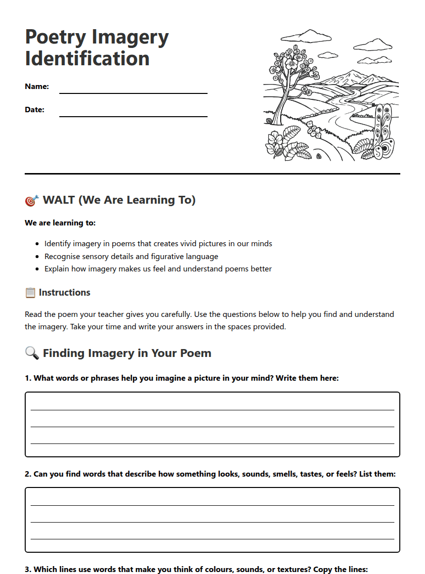 Poetry Imagery Identification worksheet preview