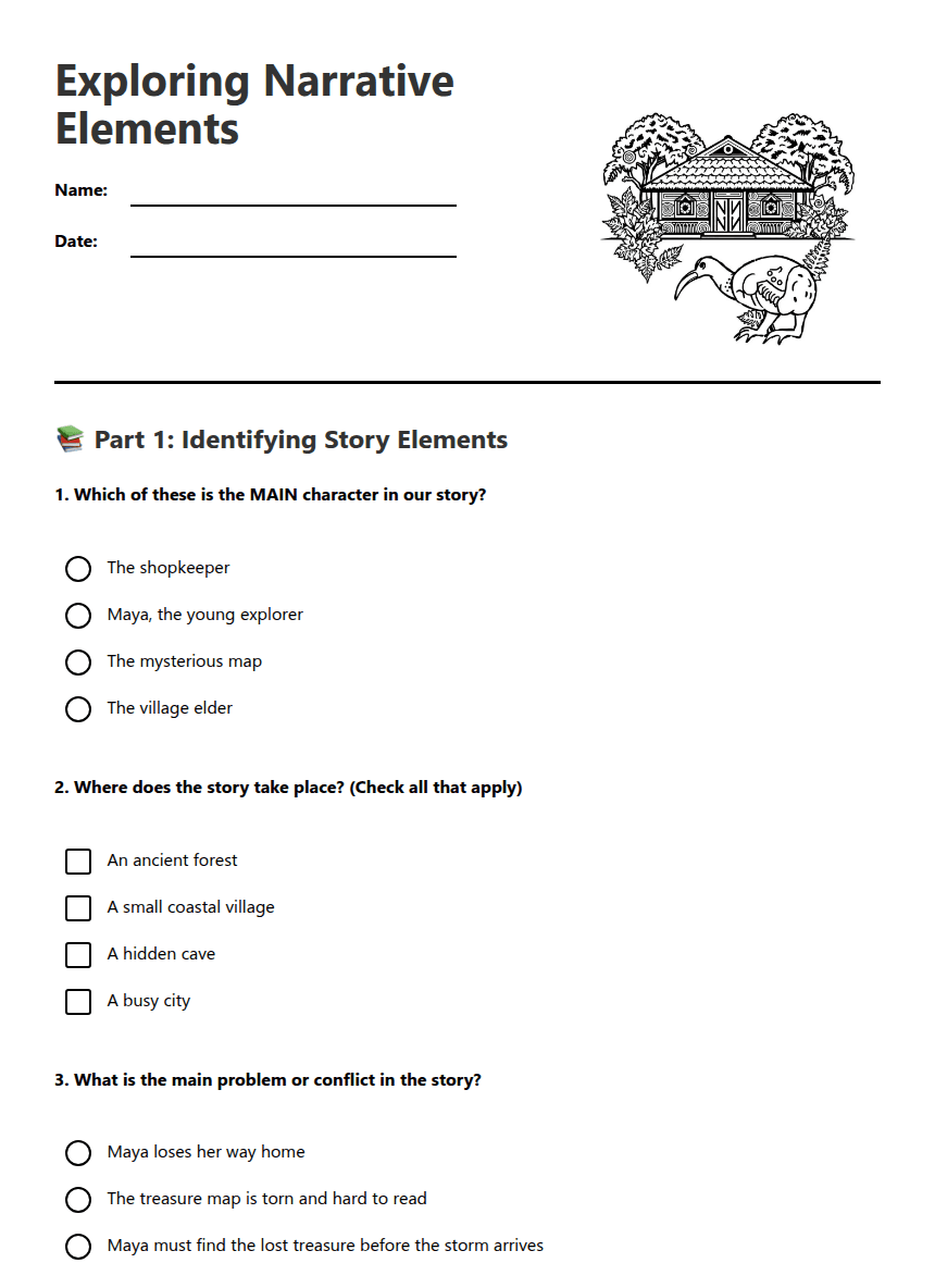 Exploring Narrative Elements worksheet preview