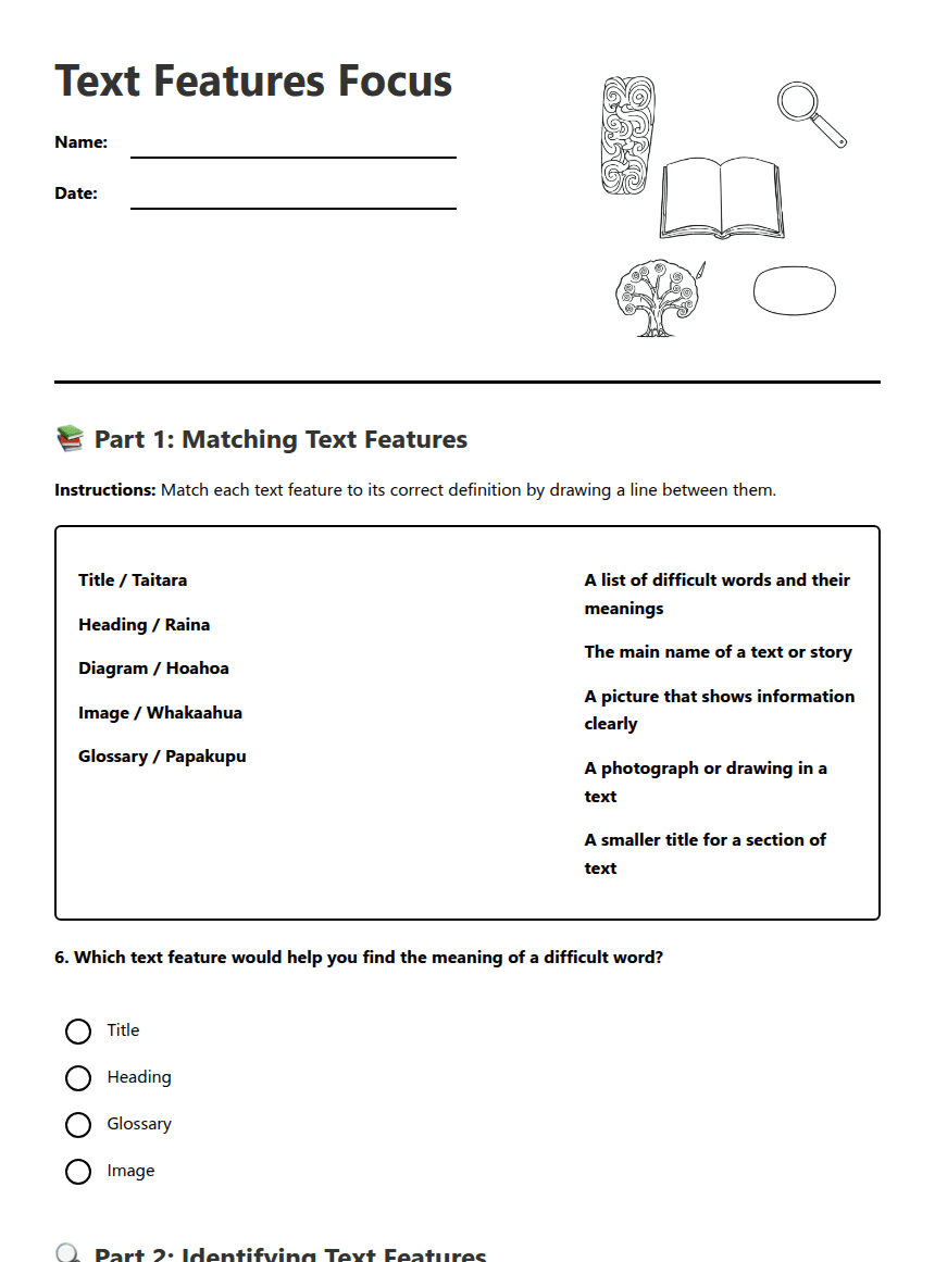 Text Features Focus worksheet preview