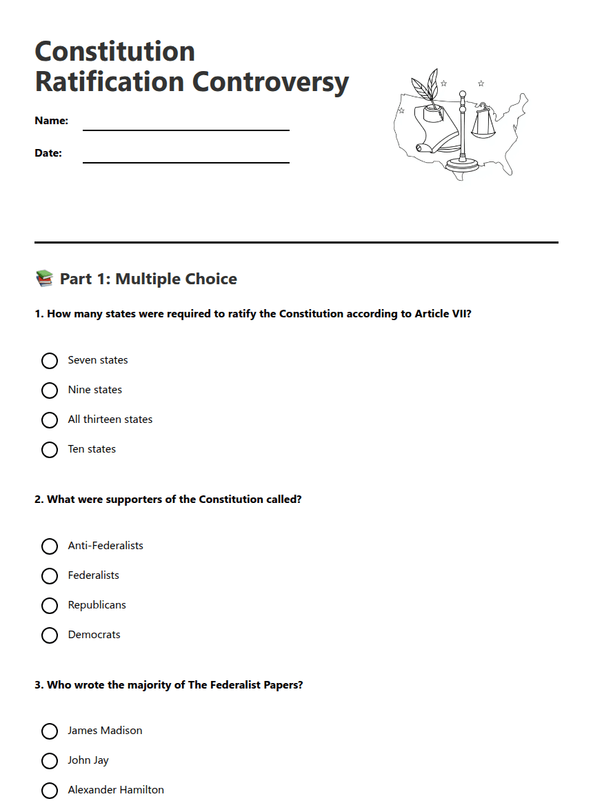 Constitution Ratification Controversy worksheet preview