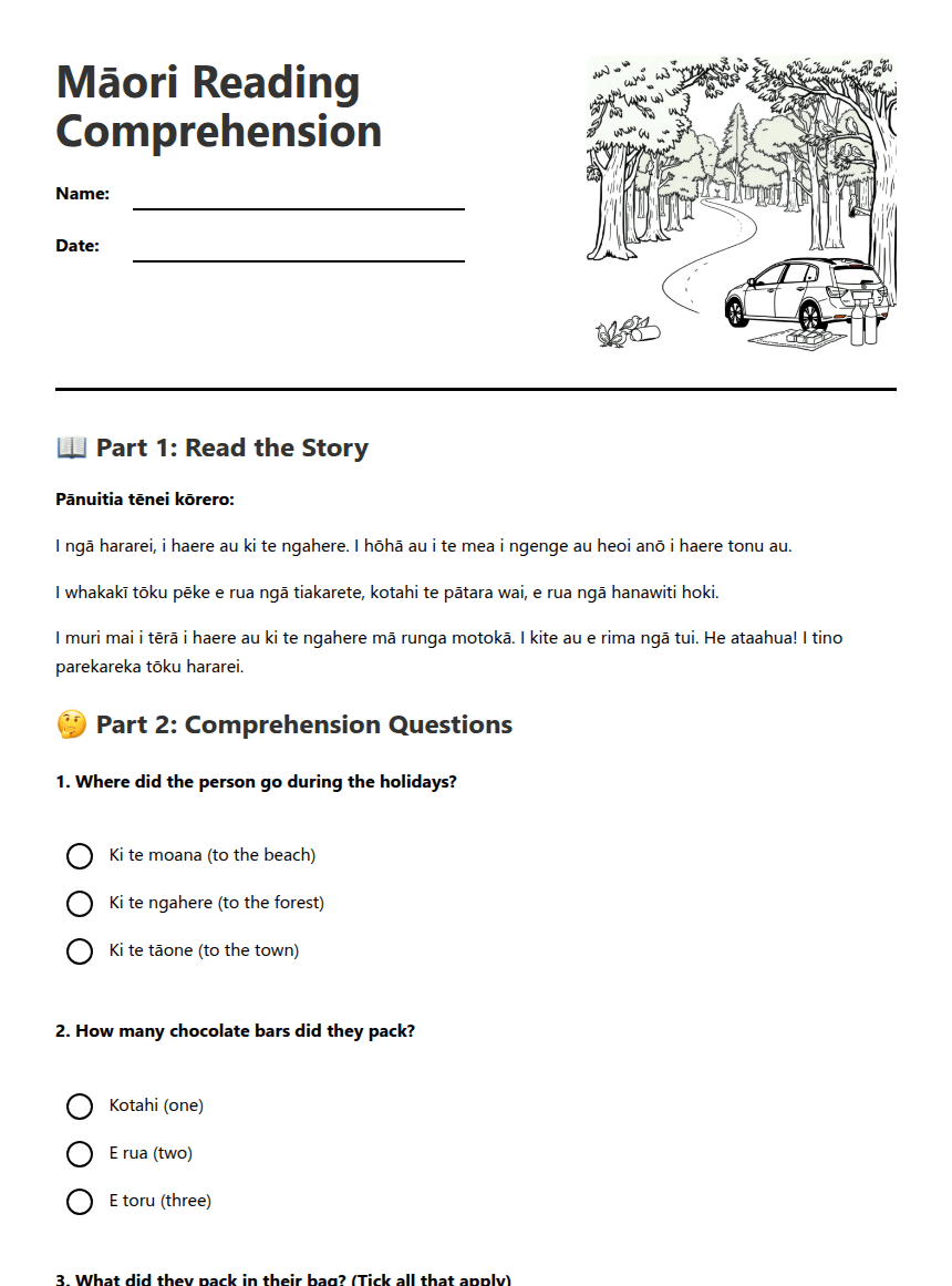 Māori Reading Comprehension worksheet preview