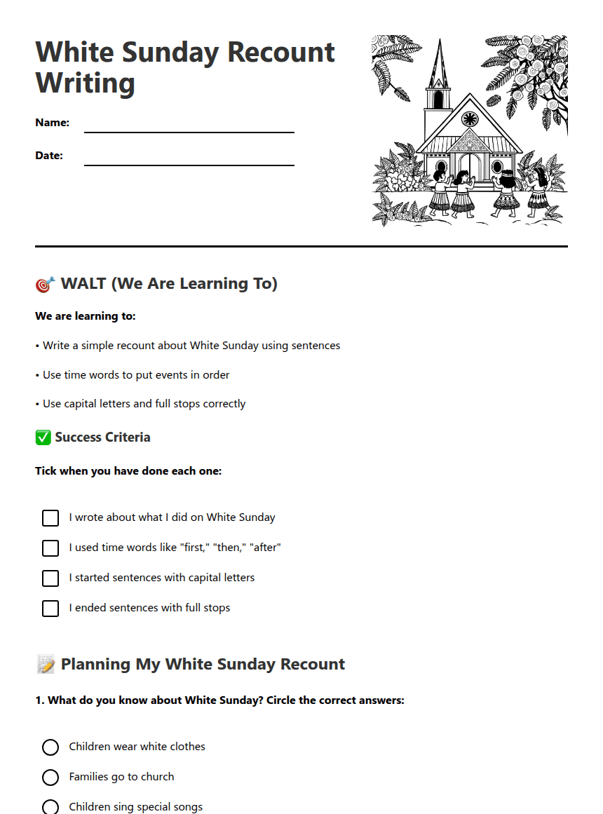 White Sunday Recount Writing worksheet preview