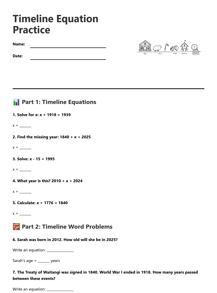 Timeline Equation Practice worksheet preview