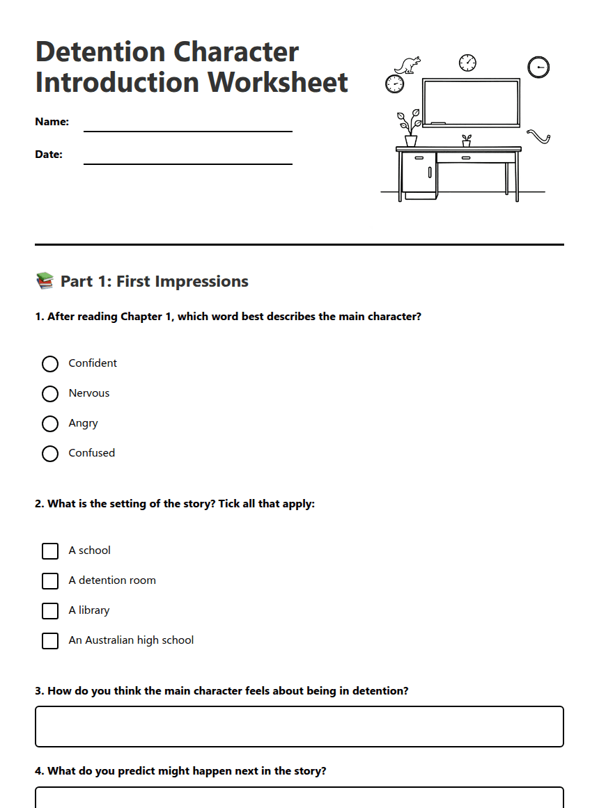 Detention Character Introduction Worksheet worksheet preview