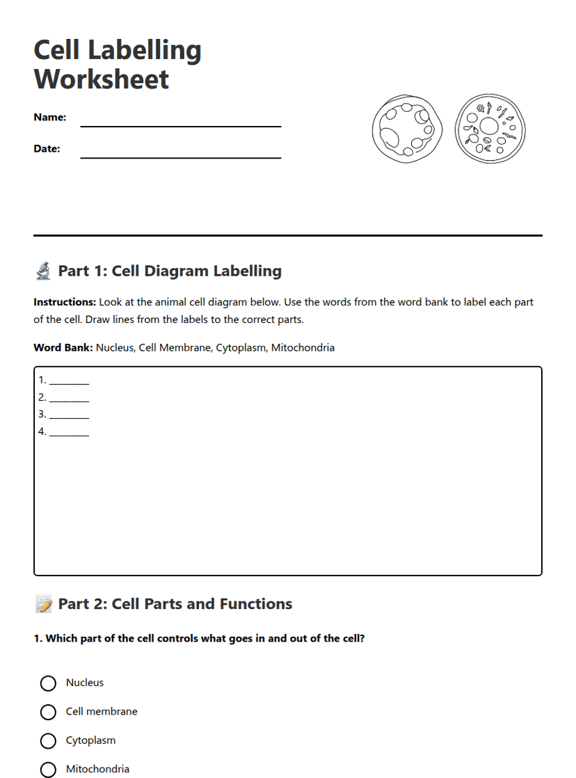 Cell Labelling Worksheet