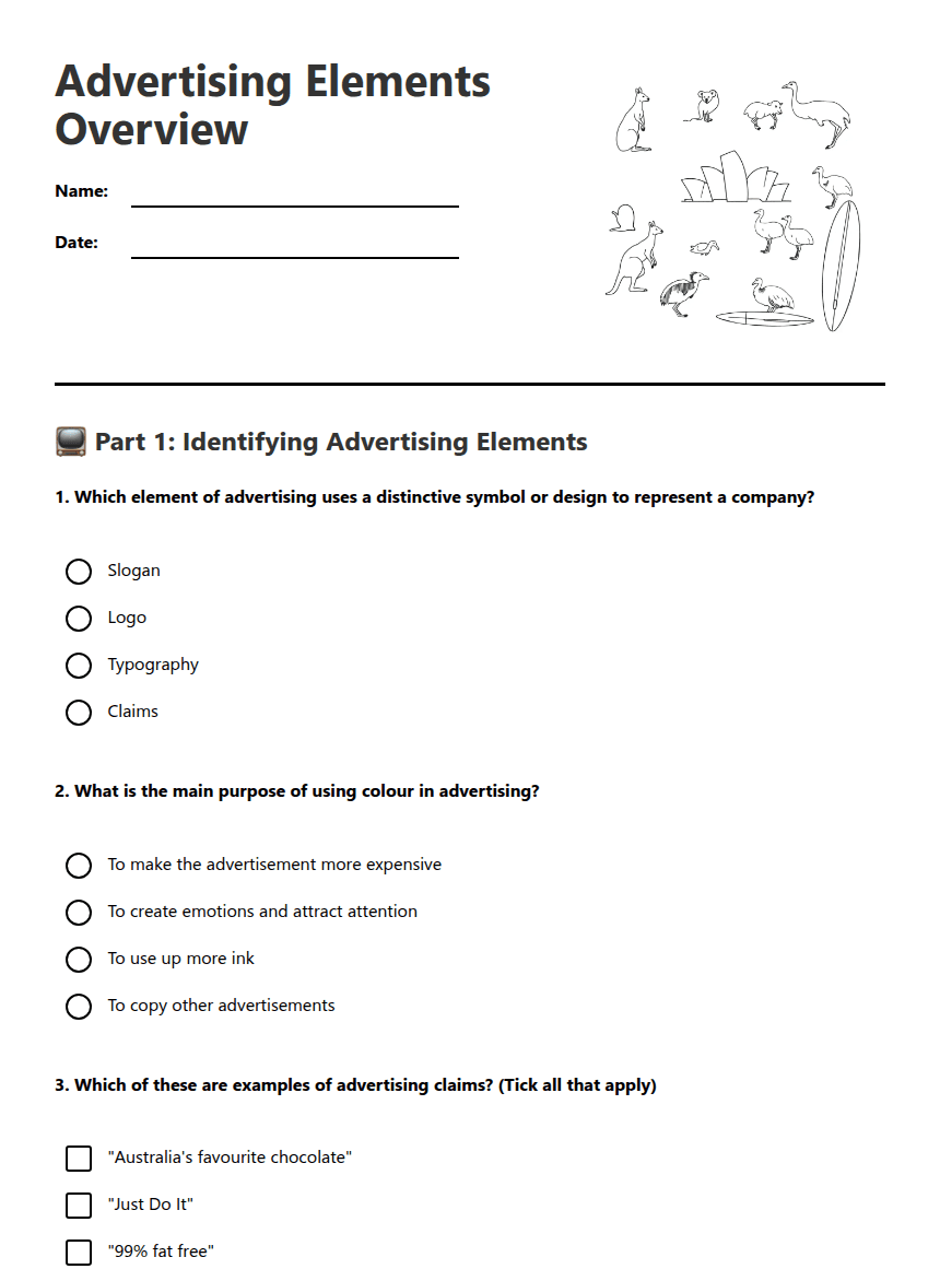 Advertising Elements Overview worksheet preview