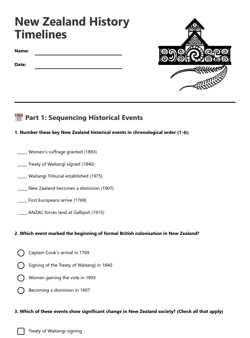 New Zealand History Timelines worksheet preview