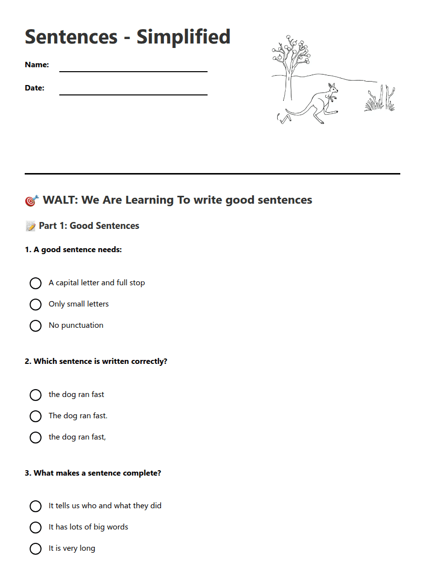 Sentences - Simplified worksheet preview