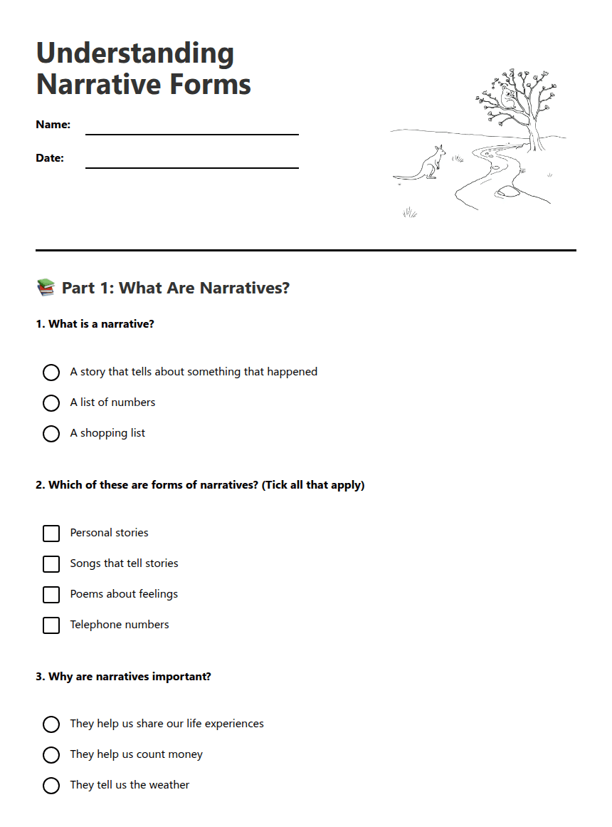 Understanding Narrative Forms worksheet preview