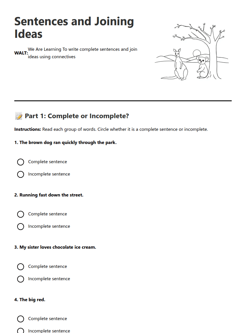 Sentences and Joining Ideas worksheet preview