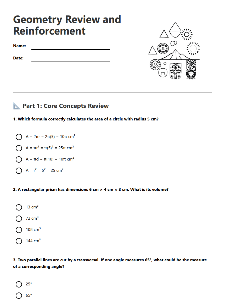 Geometry Review and Reinforcement worksheet preview