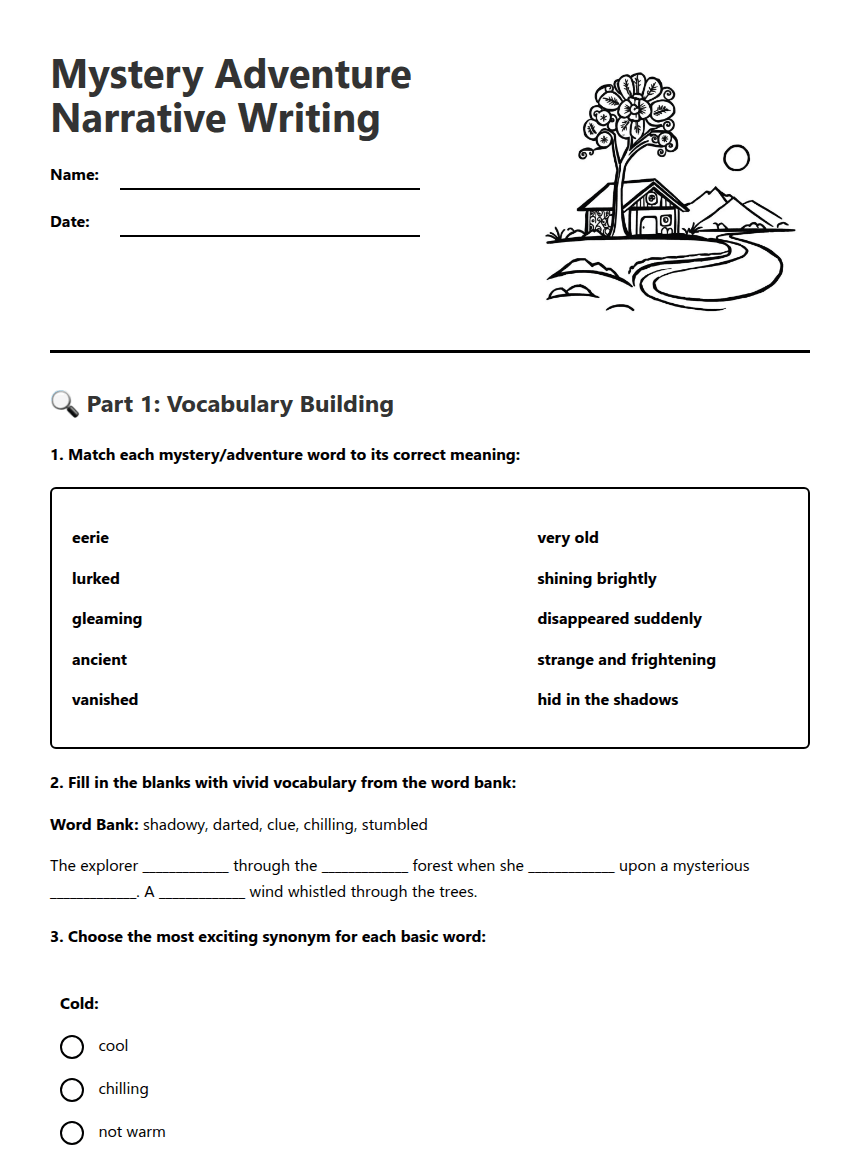 Mystery Adventure Narrative Writing worksheet preview